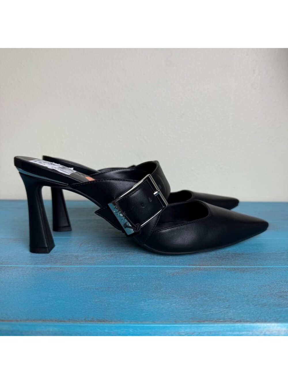 DKNY Black Pointed Toe Buckle Mule Heels